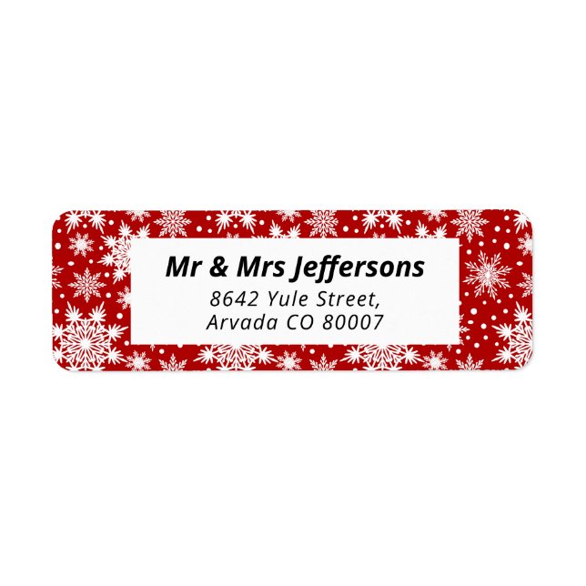 White Snöflingor på Red Background jul Returadress Etikett (Framsidan)