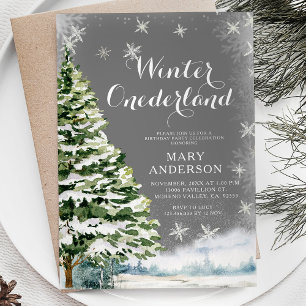 White Snöflingor Winter Onederland Birthday Träd Inbjudningar