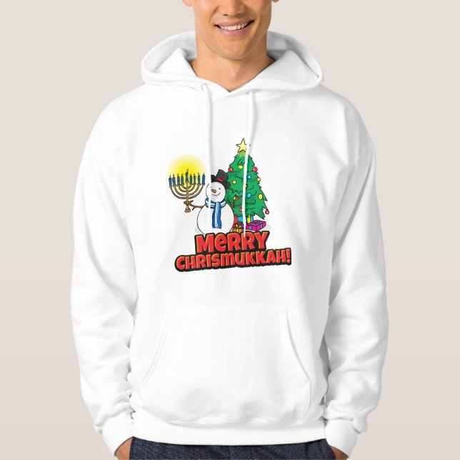 White Snögubbe med Menorah Merry Chrismukkah Hoodie (Framsida)