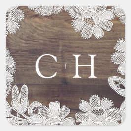 White Snöre | Barn Wood Monogram Bröllop Fyrkantigt Klistermärke