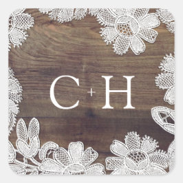 White Snöre | Barn Wood Monogram Bröllop Fyrkantigt Klistermärke