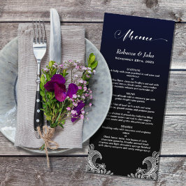 White Snöre Black and Blue Bröllop Menu Meny
