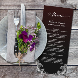 White Snöre Black and Burgundy Bröllop Menu Meny