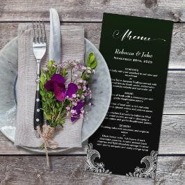 White Snöre Black and Grönt Bröllop Menu Meny