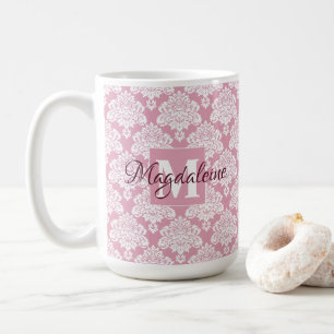 White Snöre Damask on Dusty Ro Namn & Monogram Kaffemugg