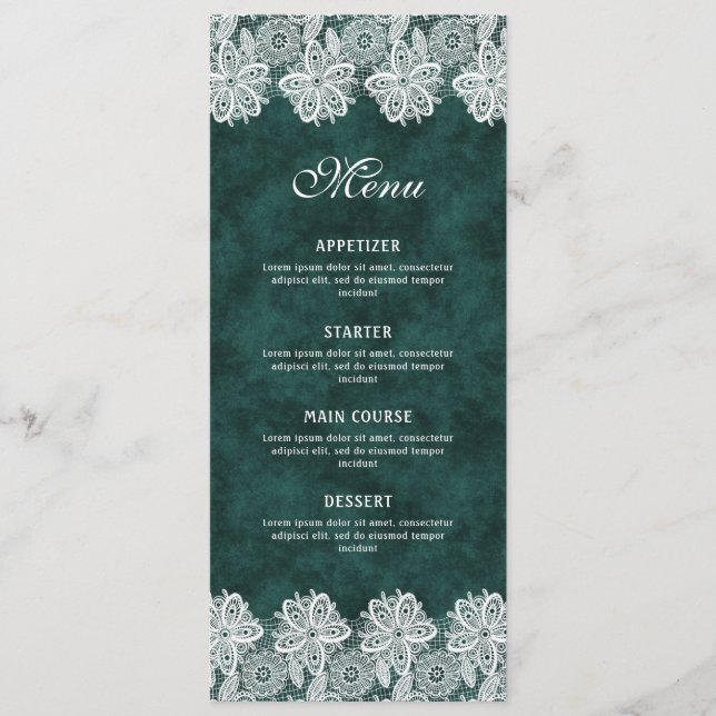 White Snöre Emerald Grönt Faux Velvet Classic Menu Meny (Framsida)