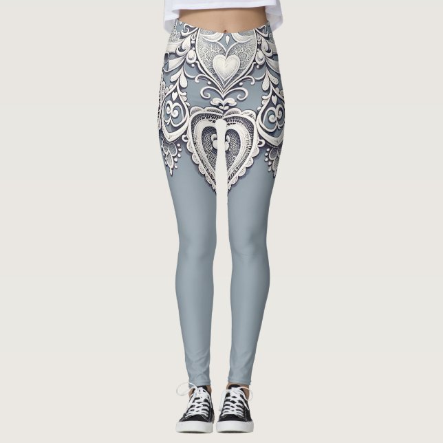 White Snöre Hearts Romantic Charm Elegant Leggings (Framsida)