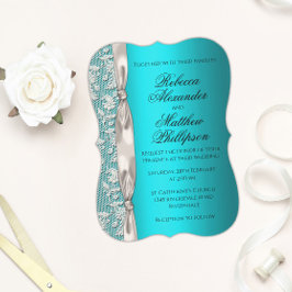 White Snöre och Satin Ribbon Aqua Bröllop Inbjudningar