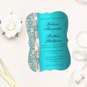 White Snöre och Satin Ribbon Aqua Bröllop Inbjudningar