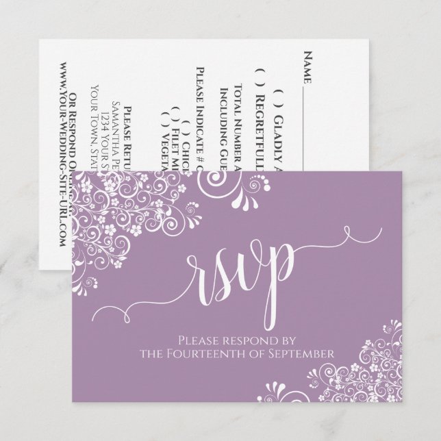 White Snöre om Lavender Elegant Calligraphy Bröllo OSA Kort (Fram/baksida)
