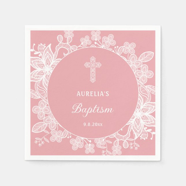 White Snöre om Rosa Baptism Pappersservett (Framsidan)