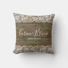 White Snöre & Rustic Faux Wood Bröllop Design Kudde