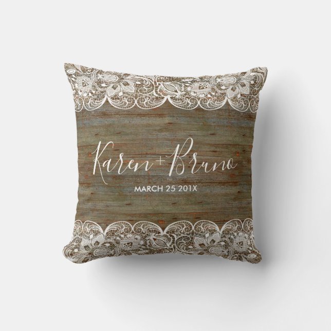 White Snöre & Rustic Faux Wood Bröllop Design Kudde (Framsida)