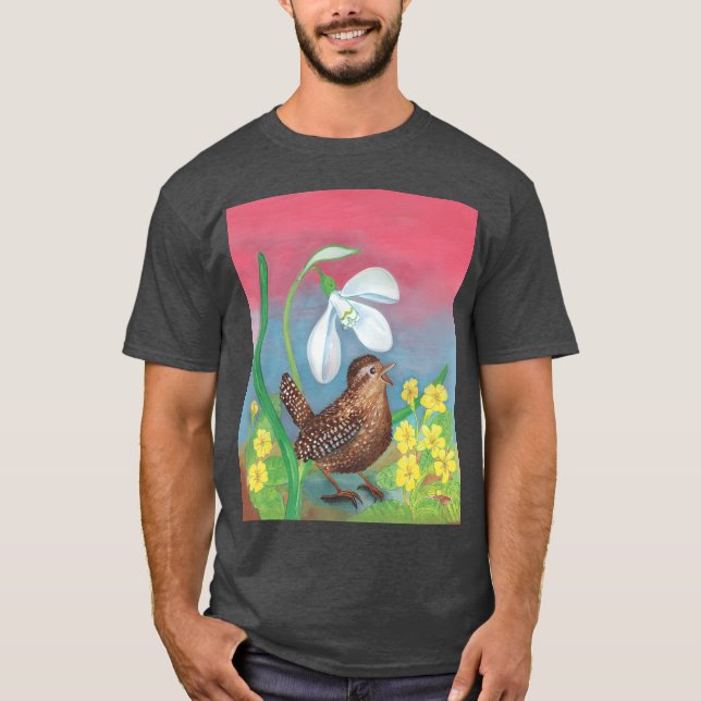 White SnowDrop Wren Bird i Vår Illustration fu T Shirt (Framsida)