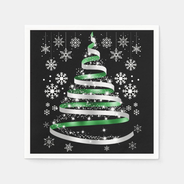 White Snowflake Silver Green Ribbon Christmas Tree Pappersservett (Framsidan)