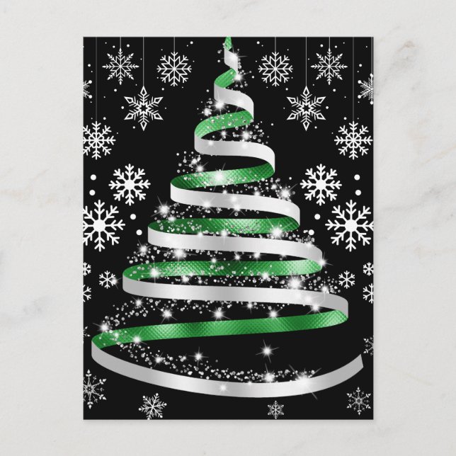 White Snowflake Silver Green Ribbon Christmas Tree Vykort (Framsida)