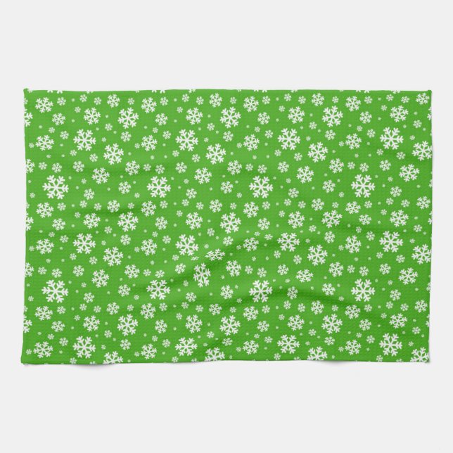 White Snowflakes on Green Winter Pattern Kökshandduk (Horisontell)