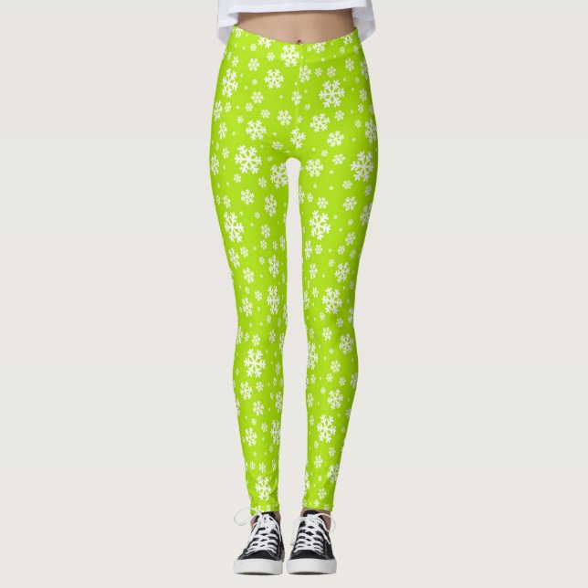 White Snowflakes on Green Winter Pattern Leggings (Framsida)