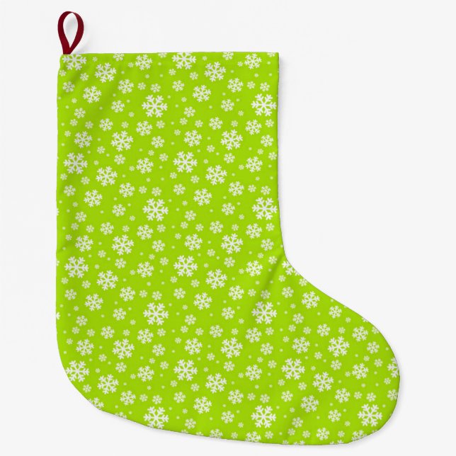 White Snowflakes on Green Winter Pattern Stor Julstrumpa (Framsidan)