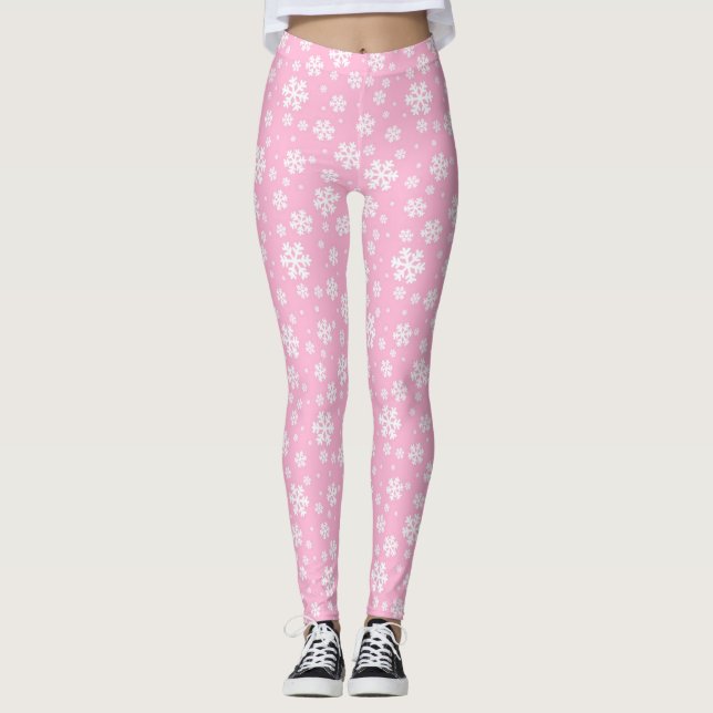 White Snowflakes on Light Pink Winter Pattern Leggings (Framsida)