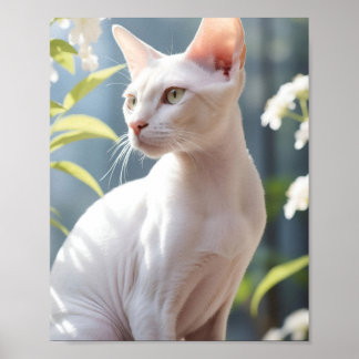White Sphinx Cat and Flowers Poster