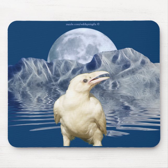 White Spirit Raven & Måne Wildlife Art Mousepad Musmatta (Framsidan)