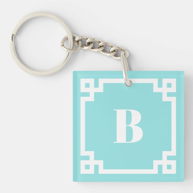 White Square Greek Key Border Aqua Blue Monogram (Framsidan)