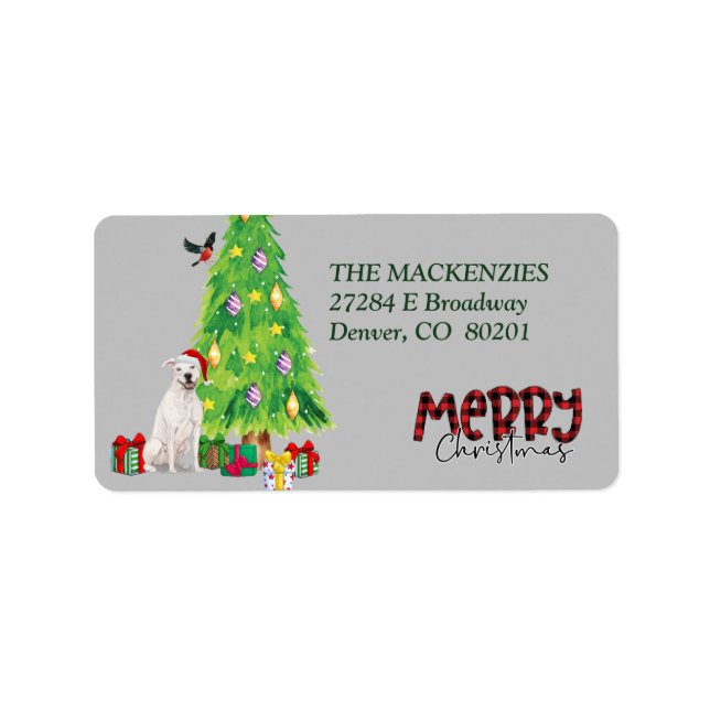 White StaffordTerrier och Julgran Adressetikett (Framsidan)