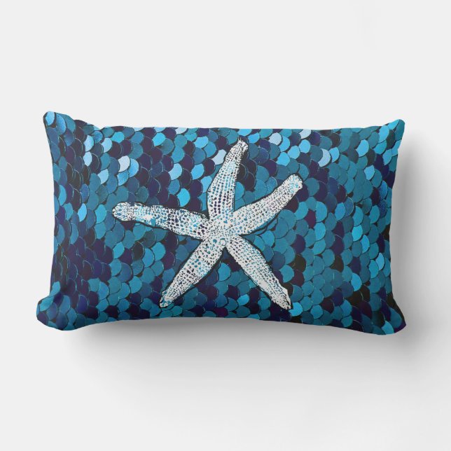 White Starfish Glittery Sparkly Sjöjungfru Teal Bl Lumbarkudde (Framsida)