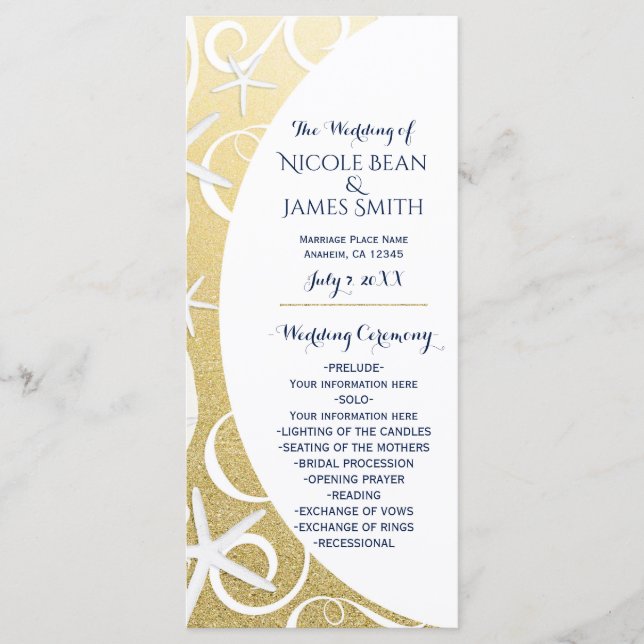 White Starfish Guld Beach Wedding Programme Program (Framsida)