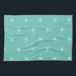 White Starfish Mönster Teal Blue Nautical Beach Kökshandduk<br><div class="desc">Tryckt med söt tårblått stjärnfisk mönster i fast,  blått underlag! Du kan ändra bakgrunden till färg som du vill.</div>
