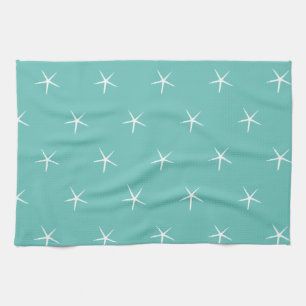 White Starfish Mönster Teal Blue Nautical Beach Kökshandduk