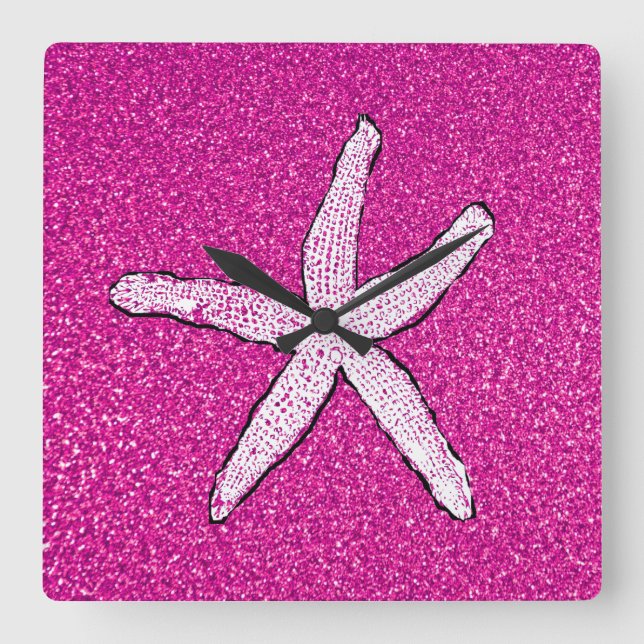 White Starfish Rosa Glittery Sparkly Girls Room Fyrkantig Klocka (Framsida)