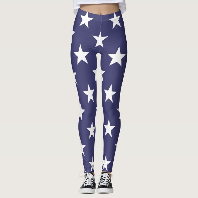 White Stars Patriotic American Flagga Mönster Leggings (Framsida)