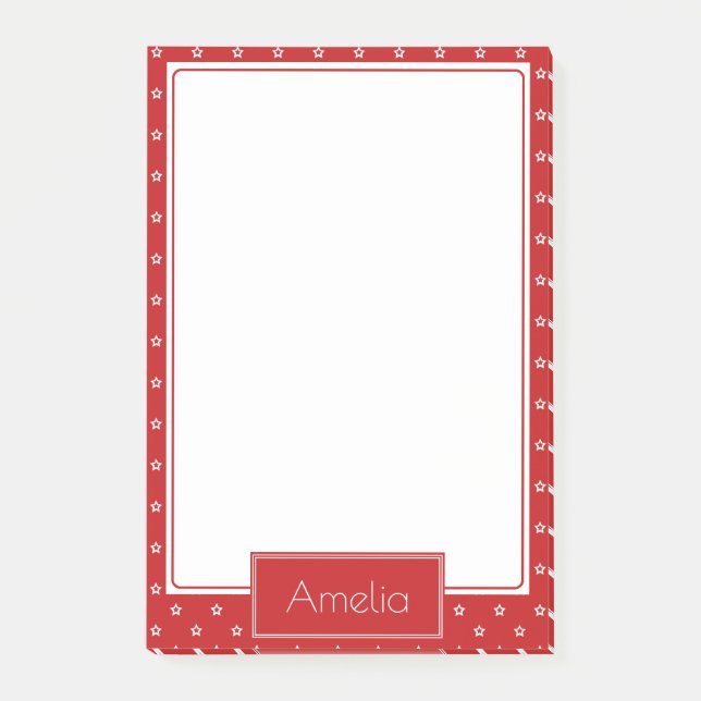White Stars Pattern on Bright Red Personalised Post-it Block (Framsida)