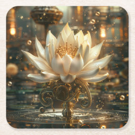 White Steam-punk Lotus Digital Art Underlägg Papper Kvadrat