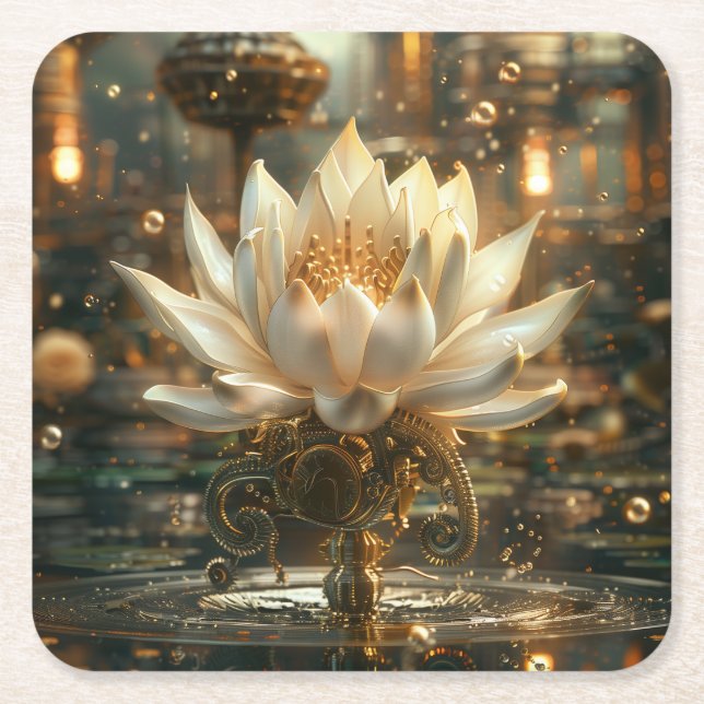 White Steam-punk Lotus Digital Art Underlägg Papper Kvadrat (Framsidan)