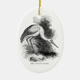 White Stork Vintage Bird Wildlife Teckning Julgransprydnad Keramik