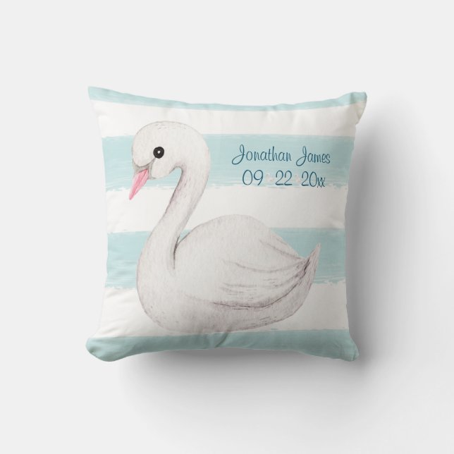 White Svan Blue Script Personalize Boy Birth Kudde (Framsida)