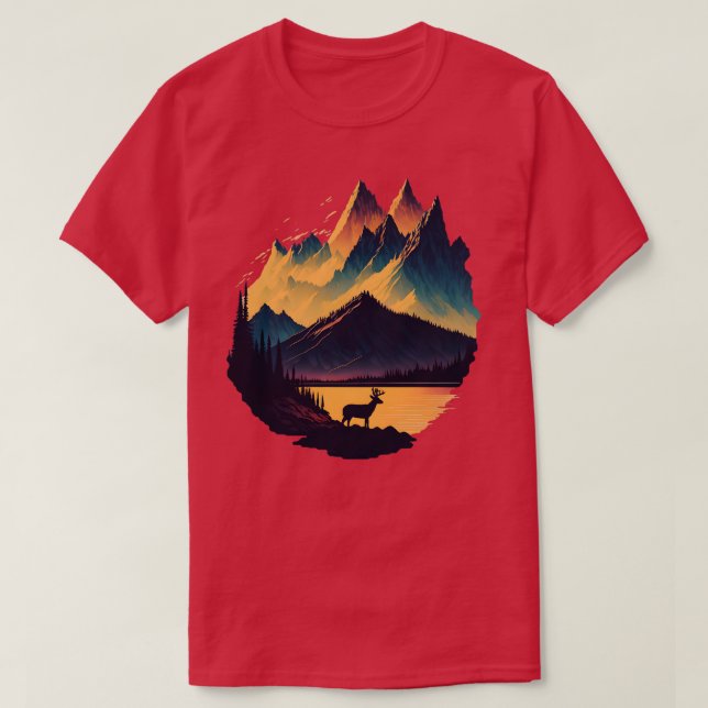 White Svan Hjort Buck Sunset Mountain T Shirt (Design framsida)
