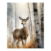 White Svan Hjort Woodland Animal Art Print Poster