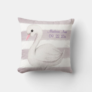 White Svan Lila Script Personalize Girl Birth Kudde