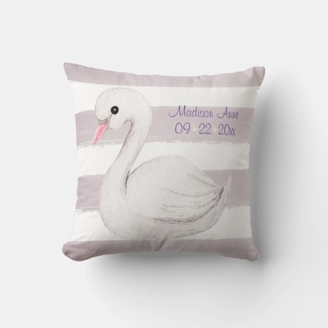 White Svan Lila Script Personalize Girl Birth Kudde (Framsida)