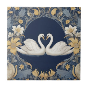 White Svan par William Morris stil Mörk blått Kakelplatta
