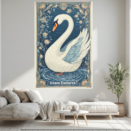 White Swan Art Nouveau Aqua Blue Water Jewel Tone 