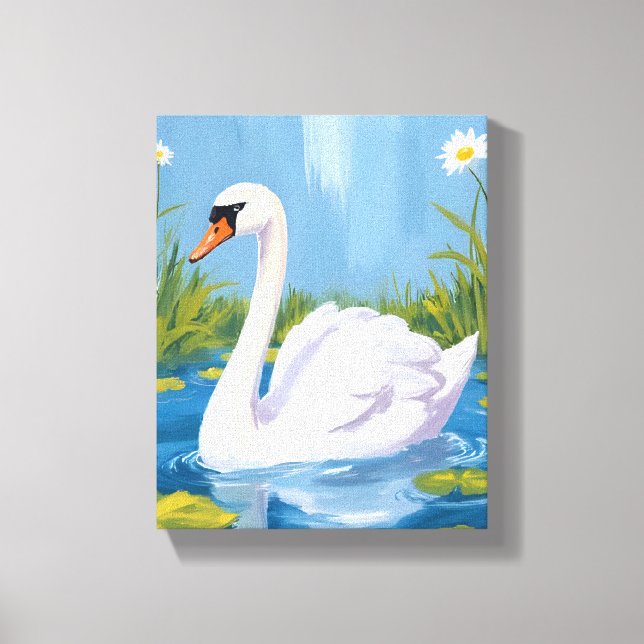 White Swan | Pond Watercolor Bird Painting Canvastryck (Framsida)