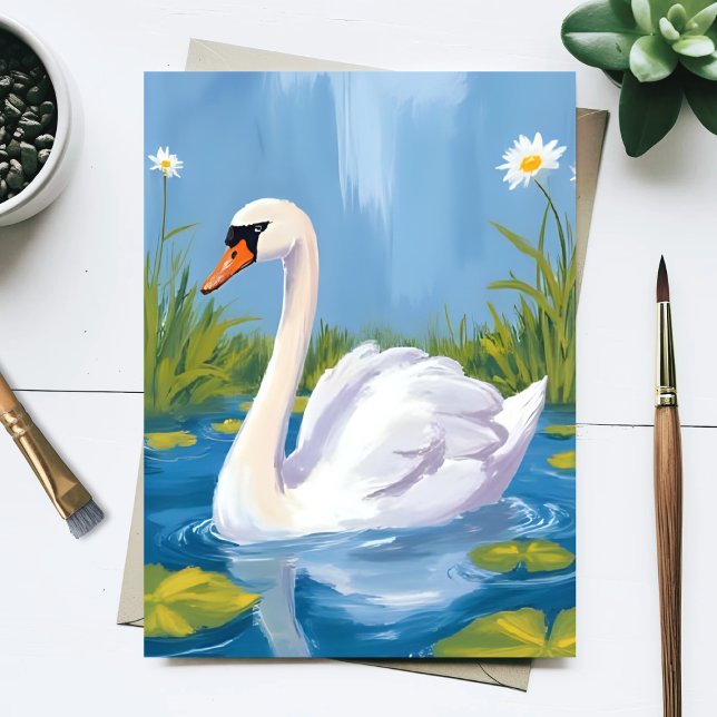 White Swan | Pond Watercolor Bird Painting Vykort (Skapare uppladdad)