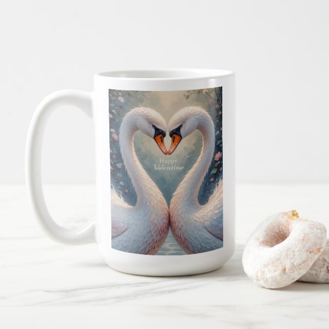 White Swans Valentine Romantic Love Birds Kaffemugg (Med munk)
