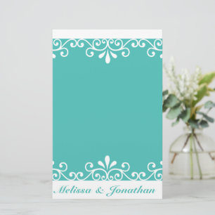 White Swirl Bride Groom Teal Elegant bröllop Brevpapper