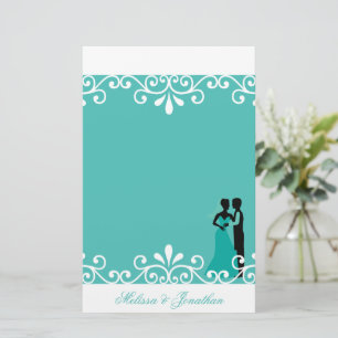 White Swirl Bride Groom Teal Elegant bröllop Brevpapper